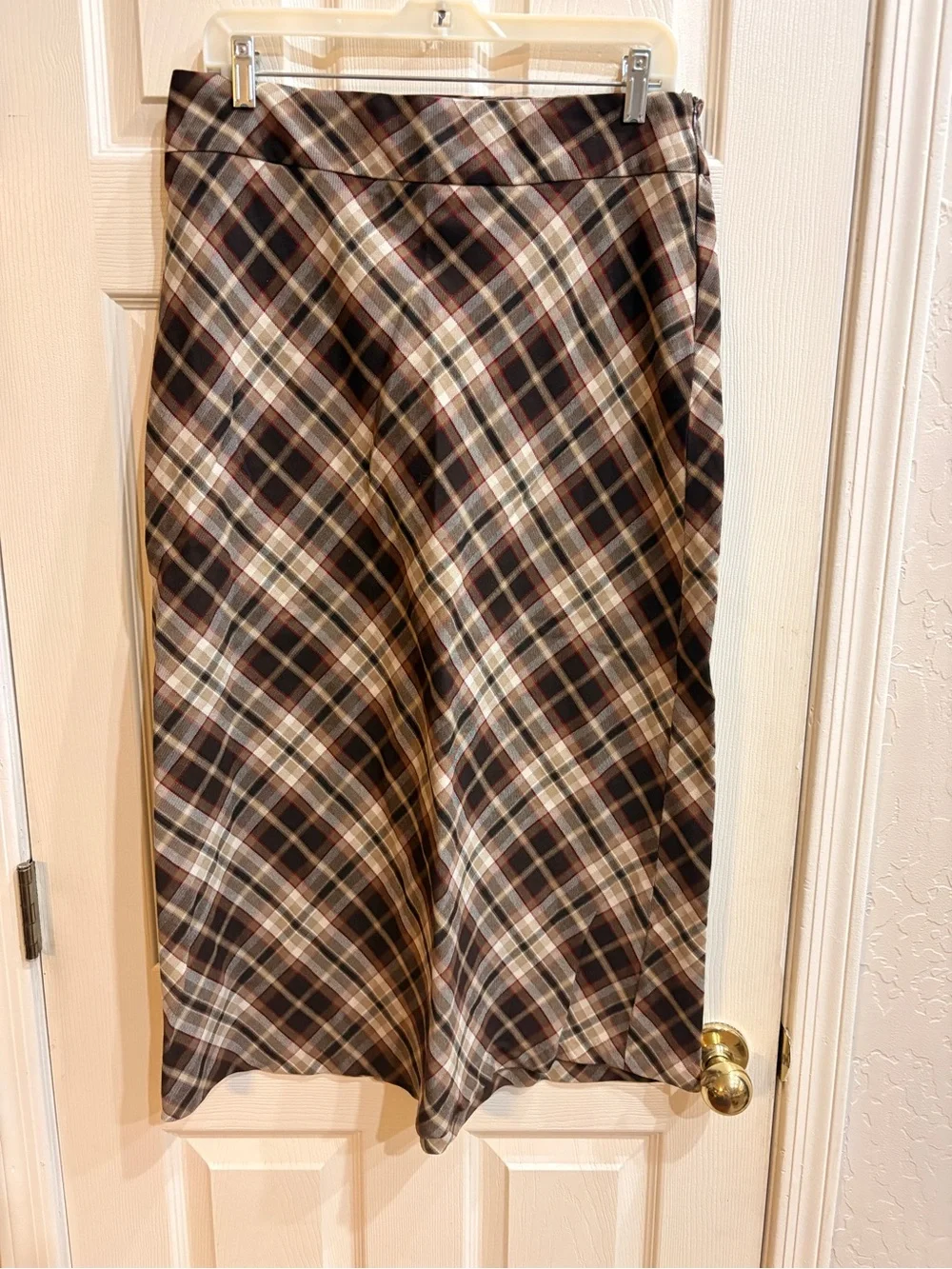 Cherokee Plaid Y2K Midi Skirt in Brown, Cream, and Black